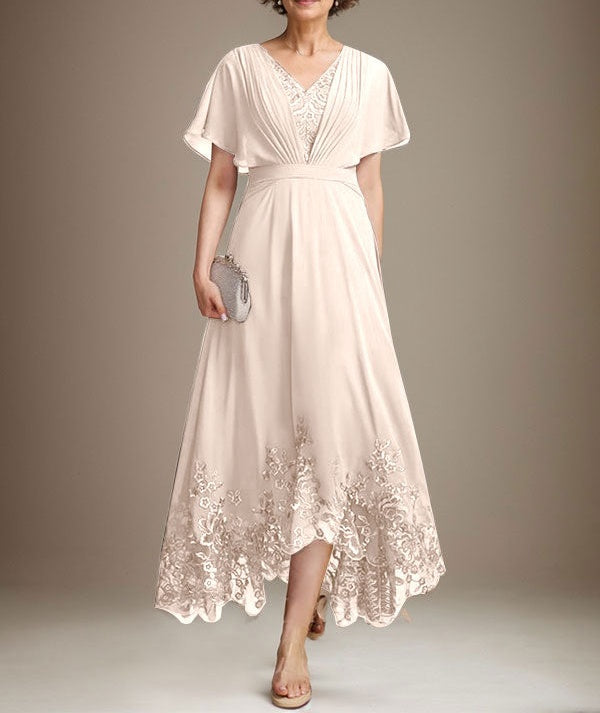 A-line V-Neck Asymmetrical Lace Chiffon Mother of the Bride Dress With Pleated