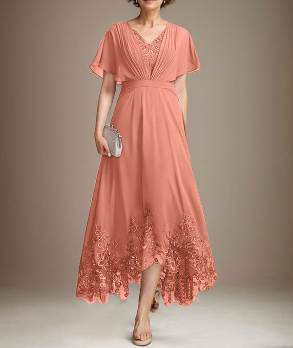 A-line V-Neck Asymmetrical Lace Chiffon Mother of the Bride Dress With Pleated