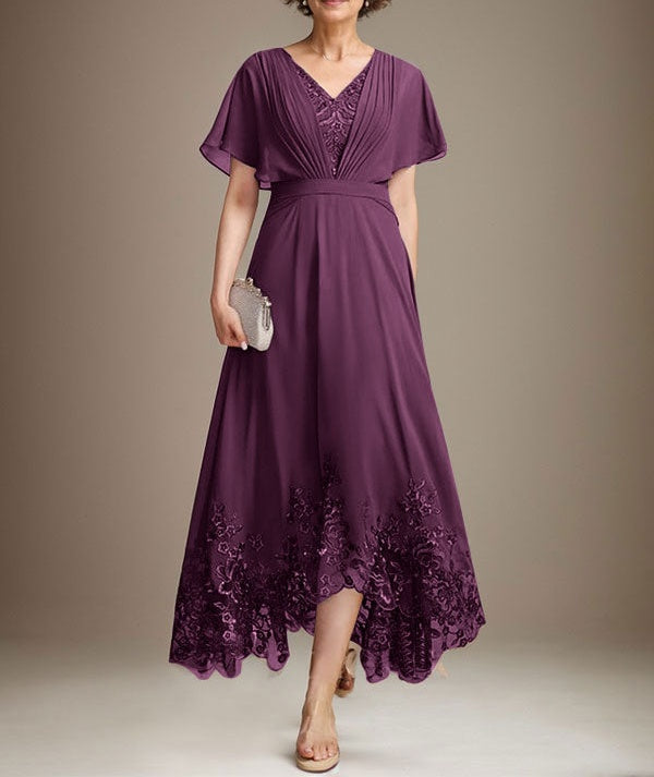 A-line V-Neck Asymmetrical Lace Chiffon Mother of the Bride Dress With Pleated