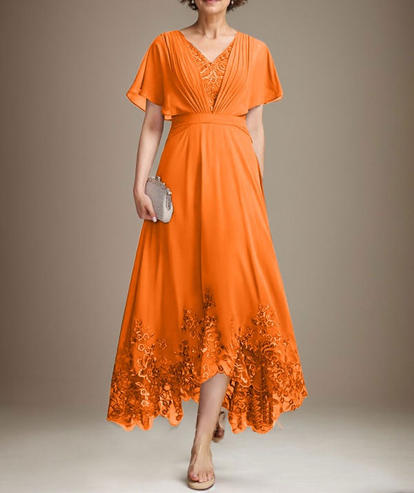 A-line V-Neck Asymmetrical Lace Chiffon Mother of the Bride Dress With Pleated