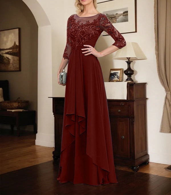 A-line Scoop Illusion Floor-Length Lace Chiffon Mother of the Bride Dress With Cascading Ruffles