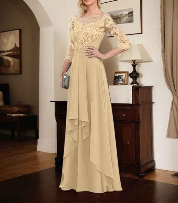 A-line Scoop Illusion Floor-Length Lace Chiffon Mother of the Bride Dress With Cascading Ruffles