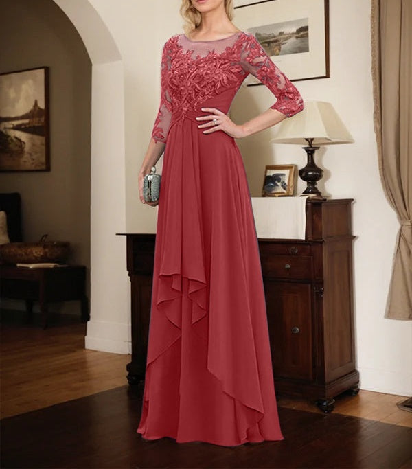 A-line Scoop Illusion Floor-Length Lace Chiffon Mother of the Bride Dress With Cascading Ruffles