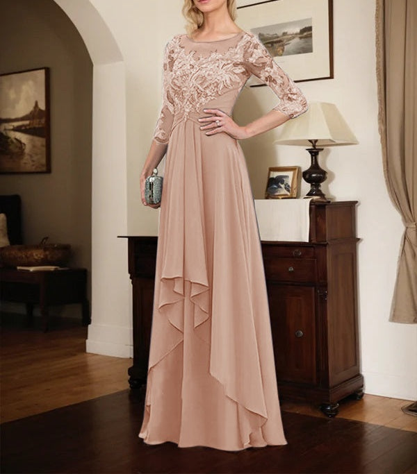 A-line Scoop Illusion Floor-Length Lace Chiffon Mother of the Bride Dress With Cascading Ruffles