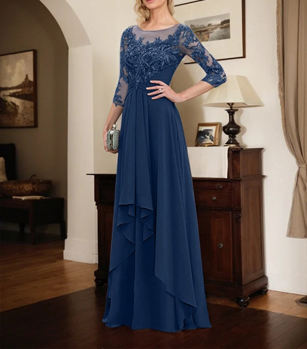 A-line Scoop Illusion Floor-Length Lace Chiffon Mother of the Bride Dress With Cascading Ruffles