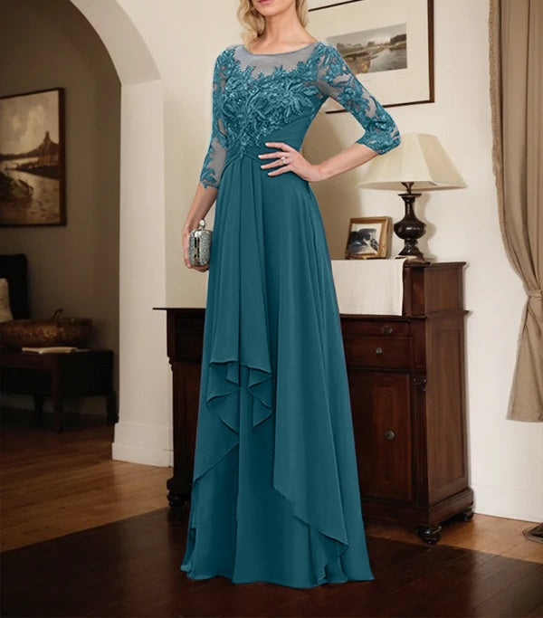 A-line Scoop Illusion Floor-Length Lace Chiffon Mother of the Bride Dress With Cascading Ruffles