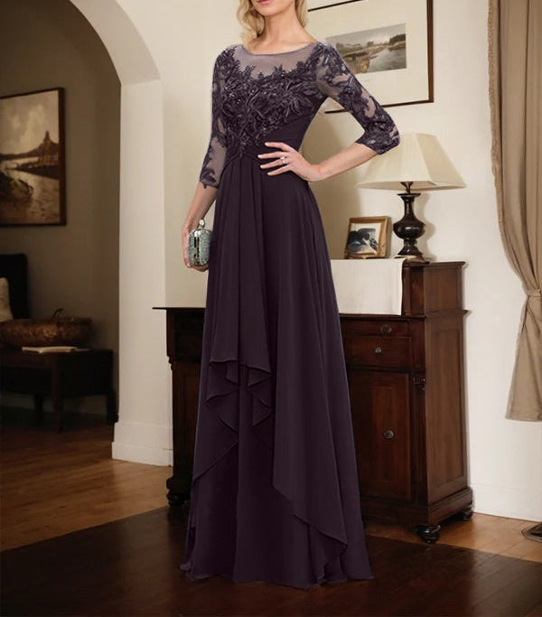 A-line Scoop Illusion Floor-Length Lace Chiffon Mother of the Bride Dress With Cascading Ruffles