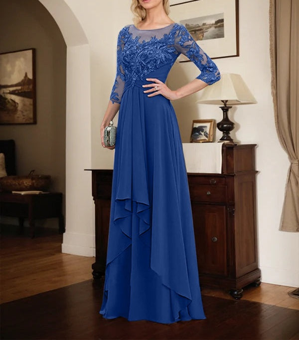 A-line Scoop Illusion Floor-Length Lace Chiffon Mother of the Bride Dress With Cascading Ruffles