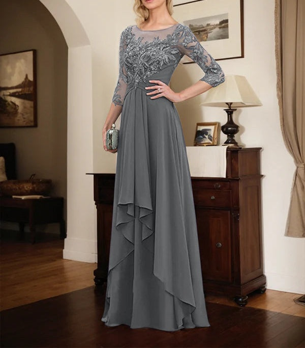 A-line Scoop Illusion Floor-Length Lace Chiffon Mother of the Bride Dress With Cascading Ruffles