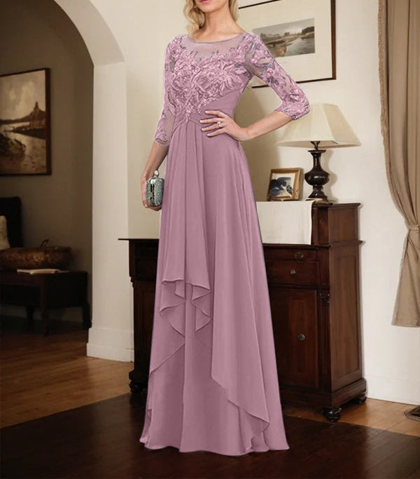 A-line Scoop Illusion Floor-Length Lace Chiffon Mother of the Bride Dress With Cascading Ruffles