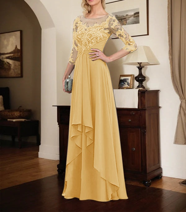 A-line Scoop Illusion Floor-Length Lace Chiffon Mother of the Bride Dress With Cascading Ruffles
