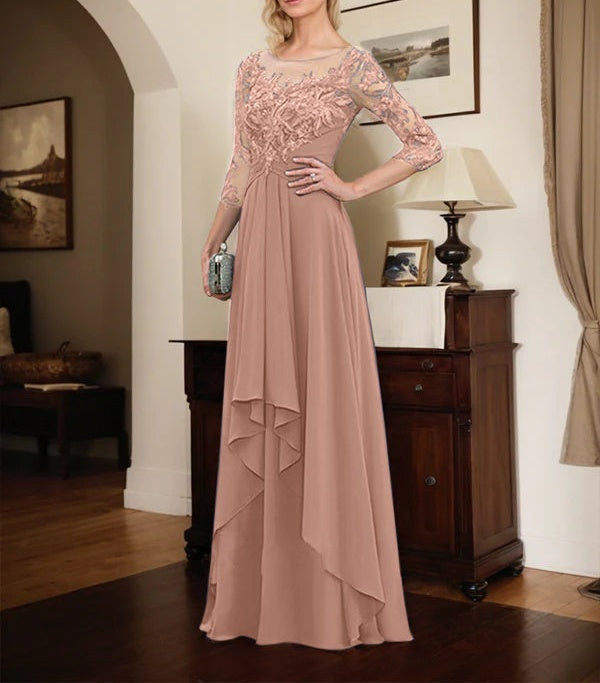 A-line Scoop Illusion Floor-Length Lace Chiffon Mother of the Bride Dress With Cascading Ruffles