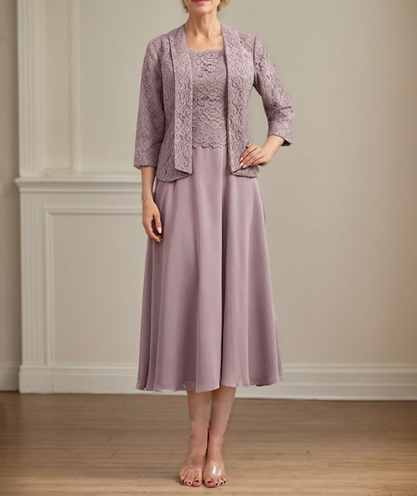 A-line Scoop Tea-Length Lace Chiffon Mother of the Bride Dress