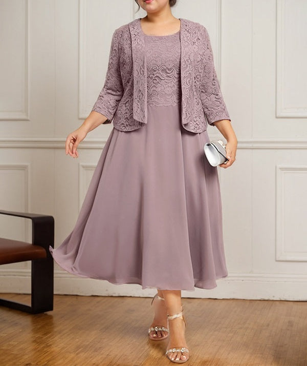 A-line Scoop Tea-Length Lace Chiffon Mother of the Bride Dress
