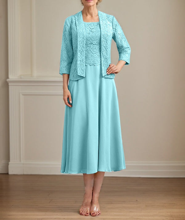 A-line Scoop Tea-Length Lace Chiffon Mother of the Bride Dress