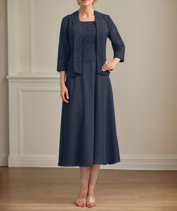 A-line Scoop Tea-Length Lace Chiffon Mother of the Bride Dress