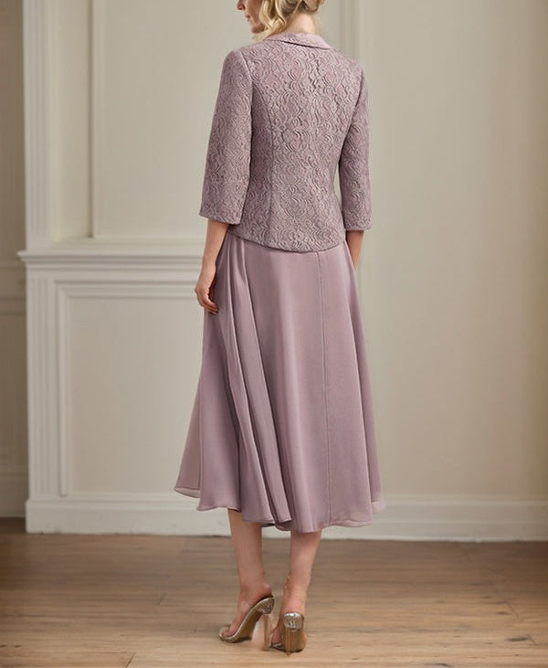 A-line Scoop Tea-Length Lace Chiffon Mother of the Bride Dress
