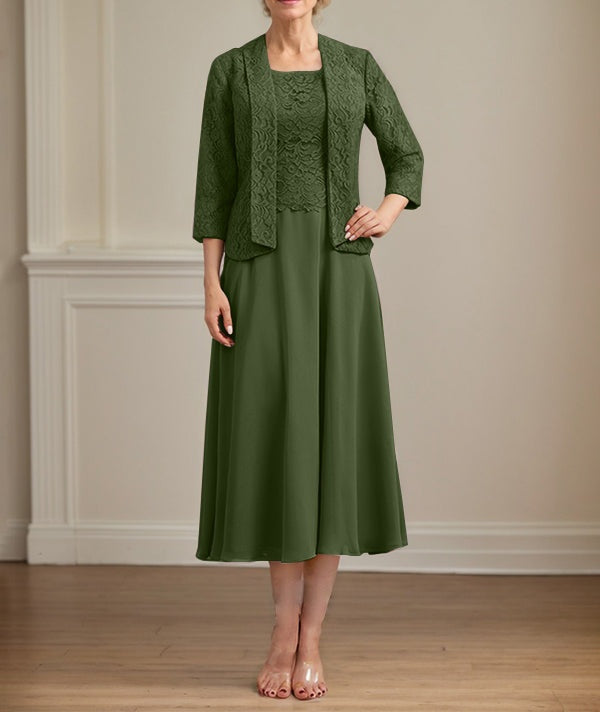 A-line Scoop Tea-Length Lace Chiffon Mother of the Bride Dress