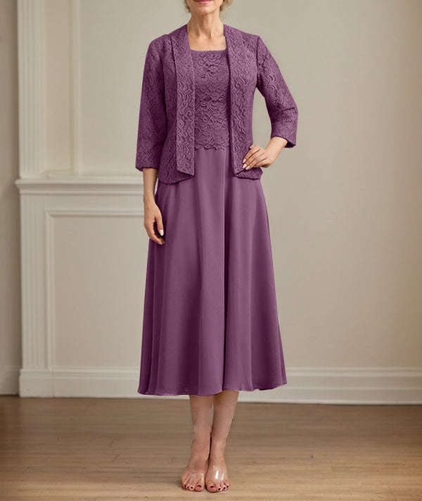 A-line Scoop Tea-Length Lace Chiffon Mother of the Bride Dress