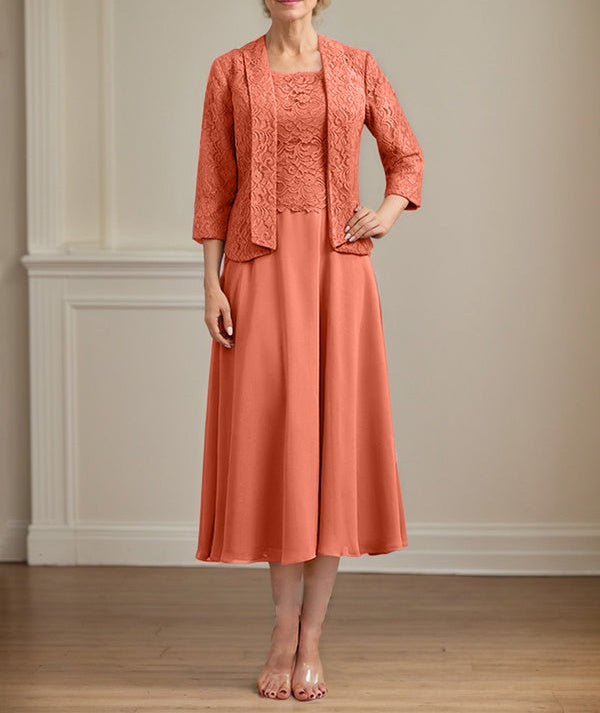 A-line Scoop Tea-Length Lace Chiffon Mother of the Bride Dress