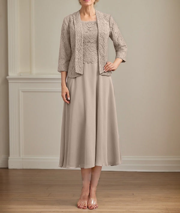 A-line Scoop Tea-Length Lace Chiffon Mother of the Bride Dress