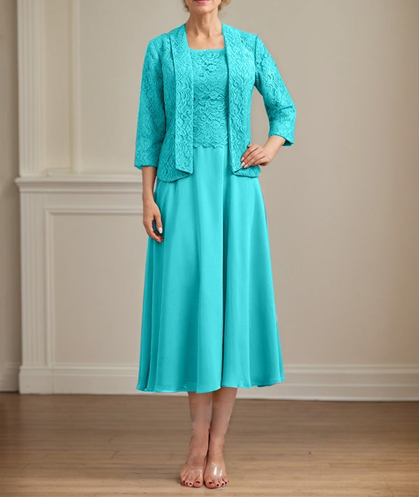 A-line Scoop Tea-Length Lace Chiffon Mother of the Bride Dress