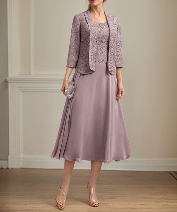 A-line Scoop Tea-Length Lace Chiffon Mother of the Bride Dress