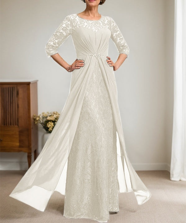 A-Line Scoop Illusion Floor-Length Lace Chiffon Mother Of the Bride Dress With Beading Ruffles