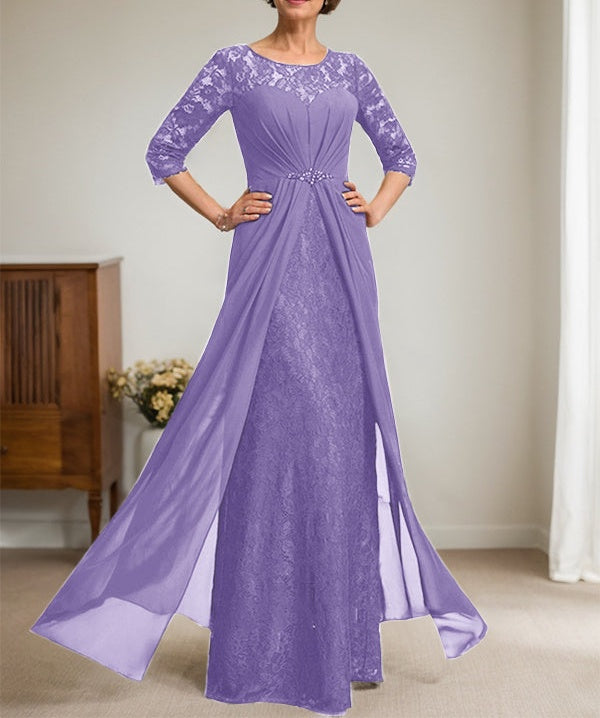 A-Line Scoop Illusion Floor-Length Lace Chiffon Mother Of the Bride Dress With Beading Ruffles