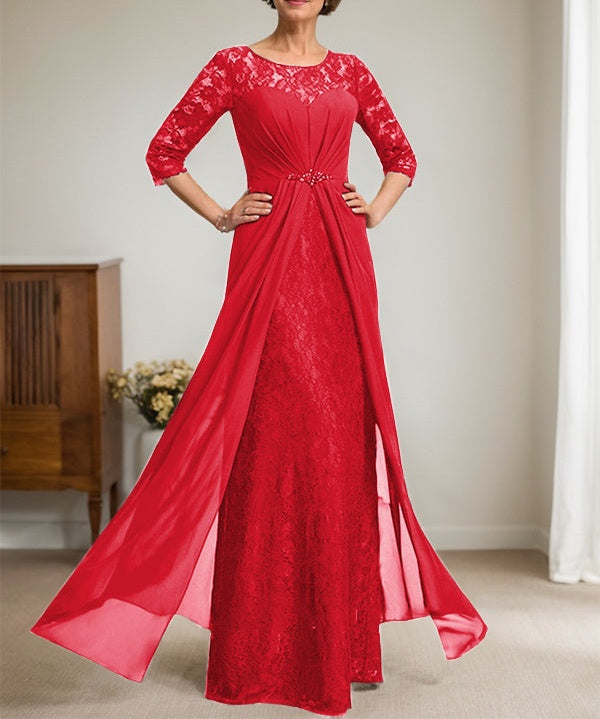 A-Line Scoop Illusion Floor-Length Lace Chiffon Mother Of the Bride Dress With Beading Ruffles