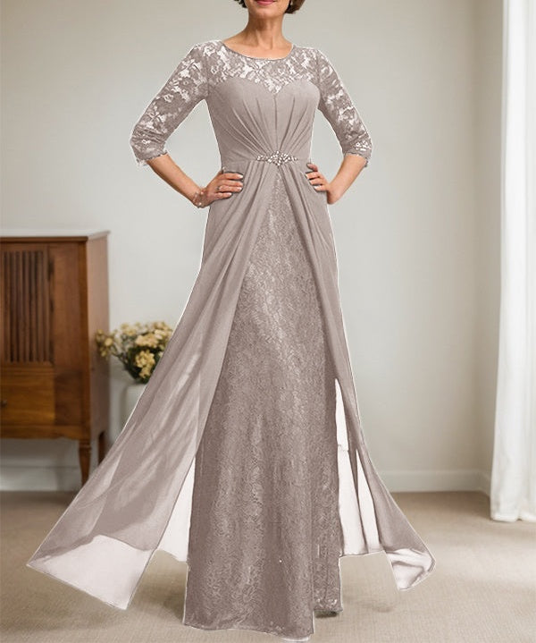 A-Line Scoop Illusion Floor-Length Lace Chiffon Mother Of the Bride Dress With Beading Ruffles