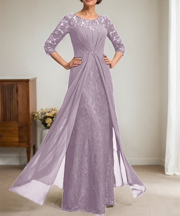 A-Line Scoop Illusion Floor-Length Lace Chiffon Mother Of the Bride Dress With Beading Ruffles