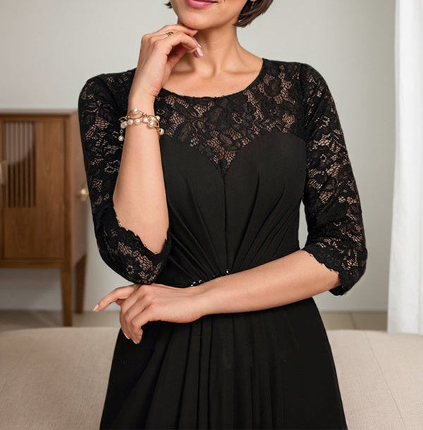 A-Line Scoop Illusion Floor-Length Lace Chiffon Mother Of the Bride Dress With Beading Ruffles