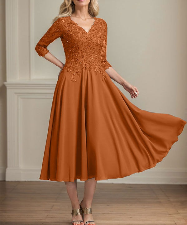 A-line V-Neck Tea-Length Chiffon Lace Mother of the Bride Dress With Beading Sequins