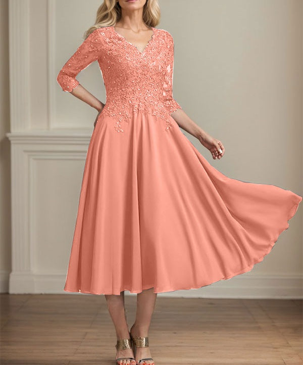A-line V-Neck Tea-Length Chiffon Lace Mother of the Bride Dress With Beading Sequins