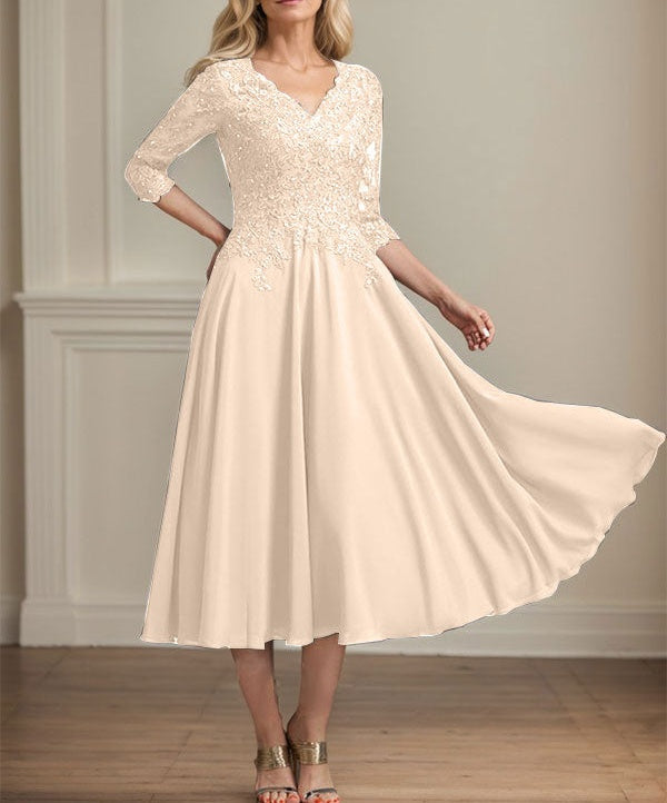 A-line V-Neck Tea-Length Chiffon Lace Mother of the Bride Dress With Beading Sequins