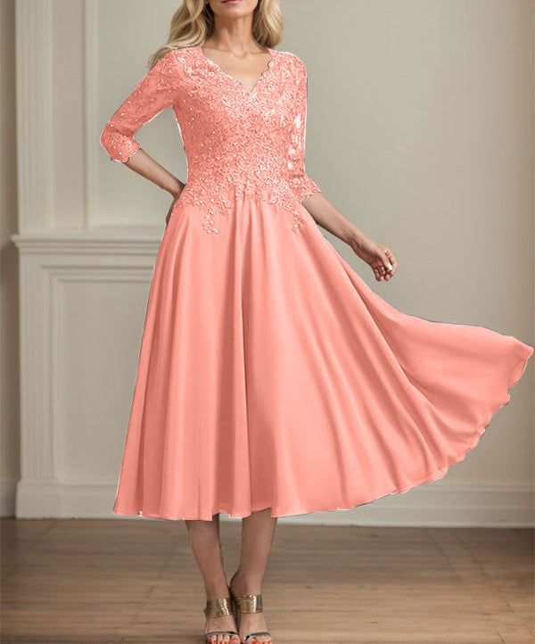 A-line V-Neck Tea-Length Chiffon Lace Mother of the Bride Dress With Beading Sequins