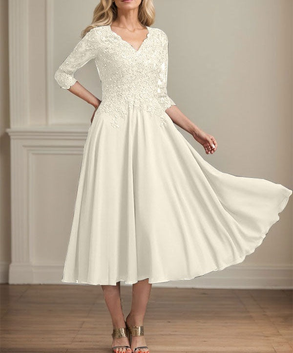 A-line V-Neck Tea-Length Chiffon Lace Mother of the Bride Dress With Beading Sequins