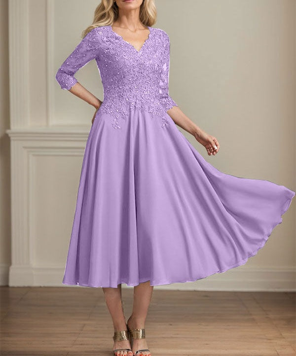 A-line V-Neck Tea-Length Chiffon Lace Mother of the Bride Dress With Beading Sequins