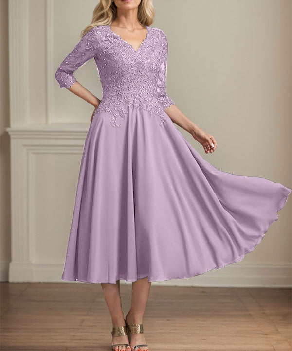 A-line V-Neck Tea-Length Chiffon Lace Mother of the Bride Dress With Beading Sequins