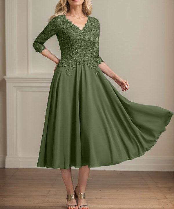 A-line V-Neck Tea-Length Chiffon Lace Mother of the Bride Dress With Beading Sequins