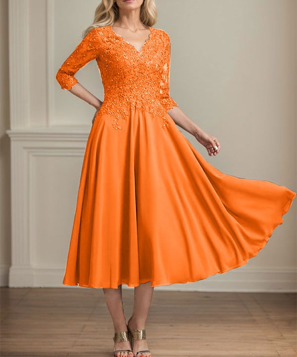 A-line V-Neck Tea-Length Chiffon Lace Mother of the Bride Dress With Beading Sequins