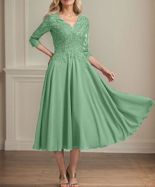 A-line V-Neck Tea-Length Chiffon Lace Mother of the Bride Dress With Beading Sequins