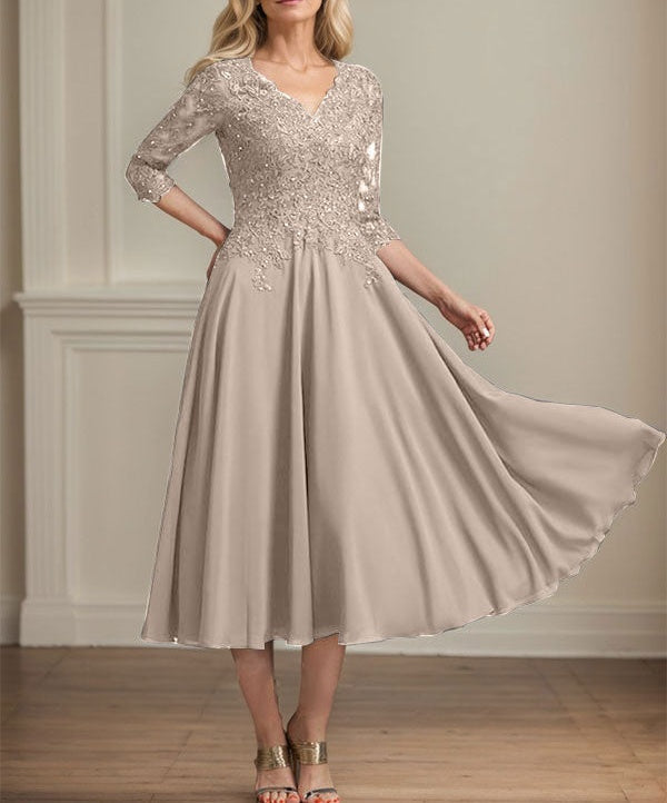 A-line V-Neck Tea-Length Chiffon Lace Mother of the Bride Dress With Beading Sequins