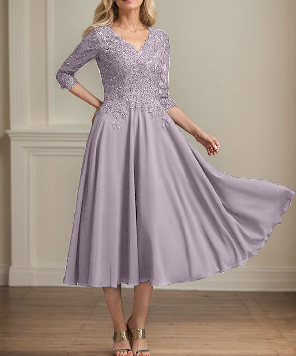 A-line V-Neck Tea-Length Chiffon Lace Mother of the Bride Dress With Beading Sequins