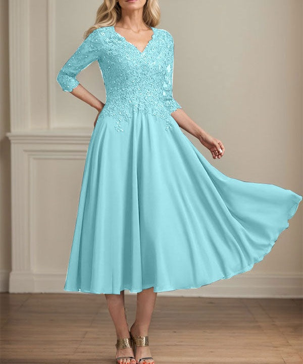 A-line V-Neck Tea-Length Chiffon Lace Mother of the Bride Dress With Beading Sequins