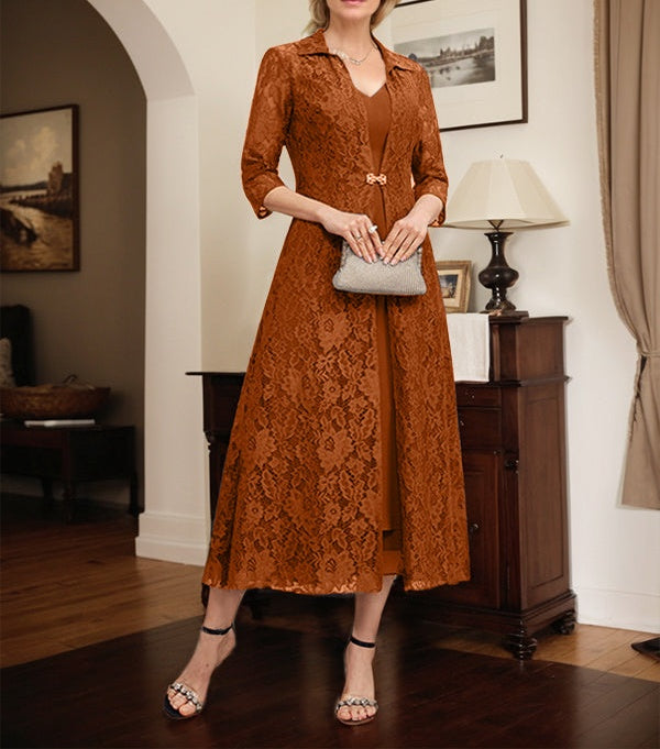 A-line V-Neck Tea-Length Chiffon Mother of the Bride Dress