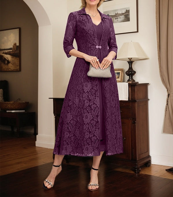 A-line V-Neck Tea-Length Chiffon Mother of the Bride Dress