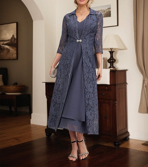 A-line V-Neck Tea-Length Chiffon Mother of the Bride Dress