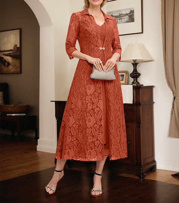 A-line V-Neck Tea-Length Chiffon Mother of the Bride Dress